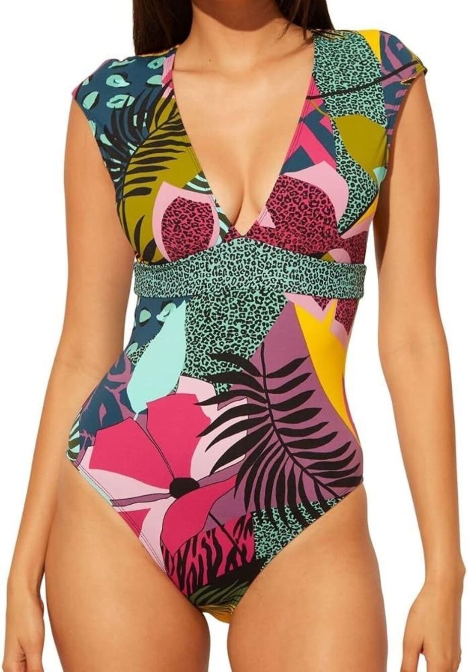 Bleu Rod Beattie Jungle Plunge Cap Sleeve One Piece Swimsuit Multi Size 14